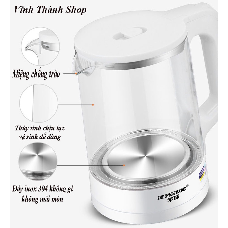 Ấm Siêu Tốc Thủy Tinh - Ấm Đun Nước Siêu Nhanh Công Suất Lớn 1500W - Dung Tích 2,2L /2,3L - BH 6 Tháng