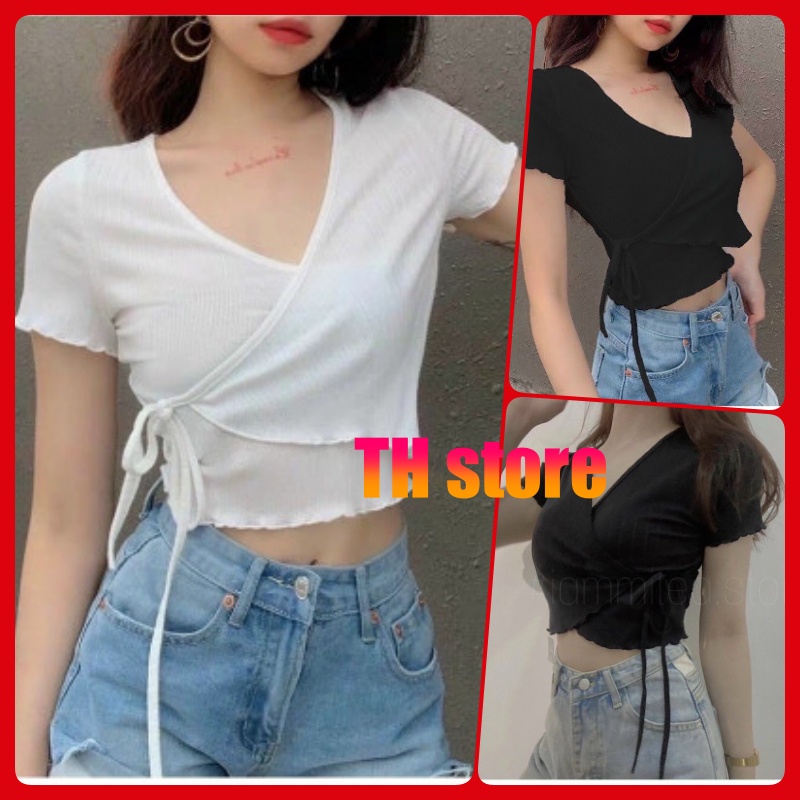 [MÃ TH6739 GIẢM 20% TỐI ĐA 30K ĐƠN TỐI THIỂU 500K] Áo croptop tay ngắn ôm đắp chéo