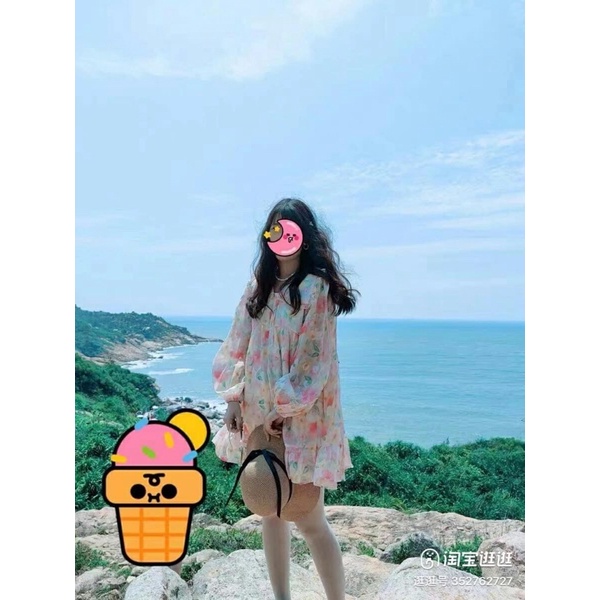 Đầm - Váy babydoll voan 2 lớp dáng ngắn dài tay cổ bèo hoạ tiết hoa cỏ ngọt ngào