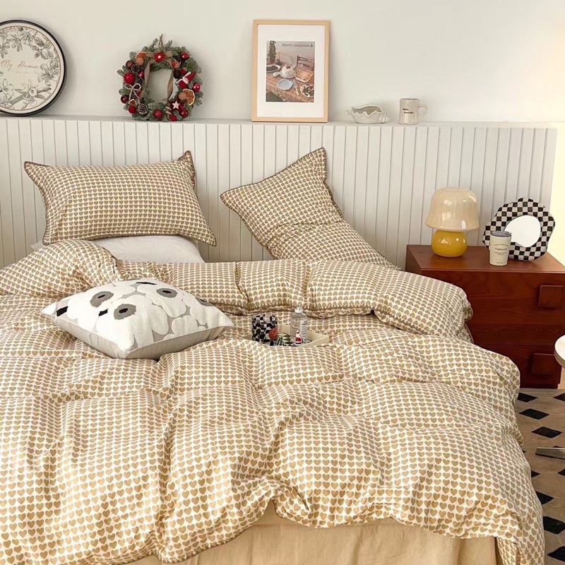 💛 Bộ Chăn Ga Gối Tim Vàng 💛 Cotton 3D Poly tim vàng be mềm mịn dày dặn thoáng mát phong cách hàn quốc nhẹ nhàng sáng
