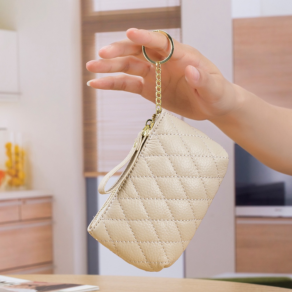 Túi Đựng Tiền Xu Mini Bằng Da Bò Có Khóa Kéo Đính Kim Cương Đơn Giản Cho Nữ