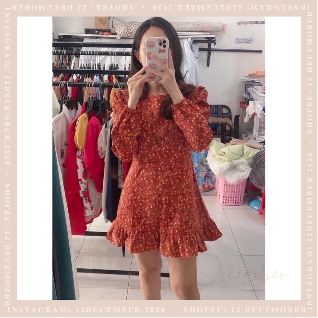 Váy Đầm Thiết Kế Hoa Nhí Vintage Cổ Điển Phối Bèo Nhún 12 December Ôm Body Đứng Form Đi Đám Cưới Dự Tiệc