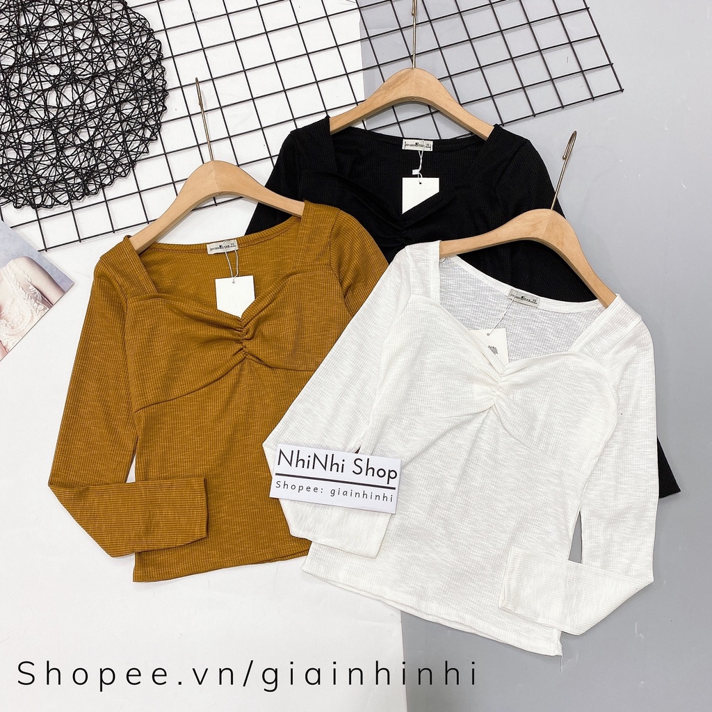 Áo kiểu thun tăm cổ vuông rúm dáng ôm tôn dáng sexxy co giãn AK6538 - NhiNhi Shop