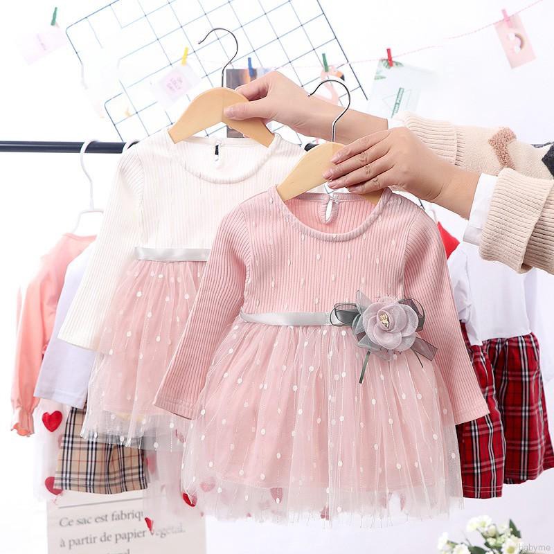 Babyme Autumn Girls Round Neck Mesh Stitching Gauze Princess Flower Cute Sweet Long Sleeve Dress
