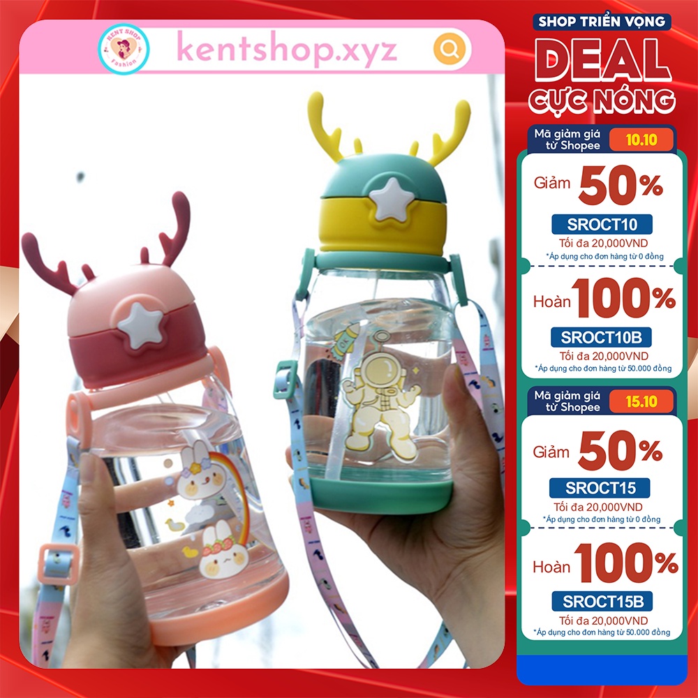 Bình tập uống nước cho bé có ống hút chống sặc Silicon, Bình uống nước Sừng Nai Cute KID cùng bé đi học - Kent Store