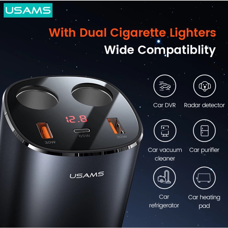 USAMS C28 245W 3 cổng USB Type C  Thiết bị sạc nhanh có màn hình kỹ thuật số tiện dụng dành cho xe hơi