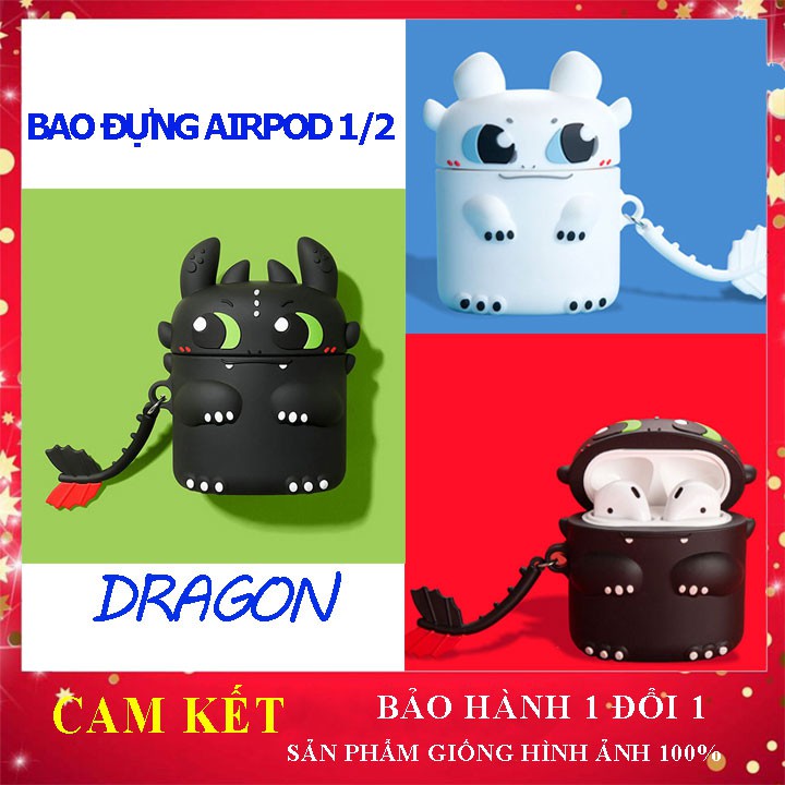 Bao đựng tai nghe cho Airpods 1/2, i12 case silicon hình thú Rồng Dragon, ốp airpod kèm móc treo