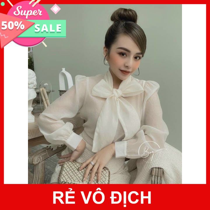 Xả kho, Áo sơ mi tay bồng cổ nơ tiểu thư 2 lớp mặc đi chơi, đi làm cực xinh,Áo sơ mi công sở nữ đẹp kiểu Hàn Quốc form