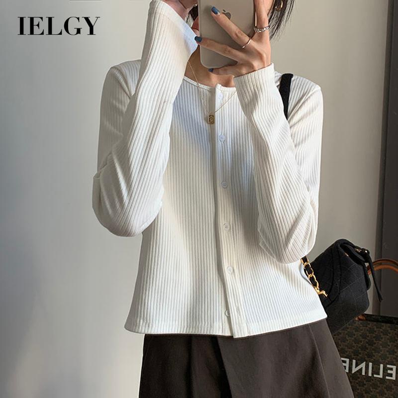 Áo cardigan IELGY dáng ôm vải cotton dệt kim sọc gân tay dài cổ tròn phối nút cài co giãn cho nữ