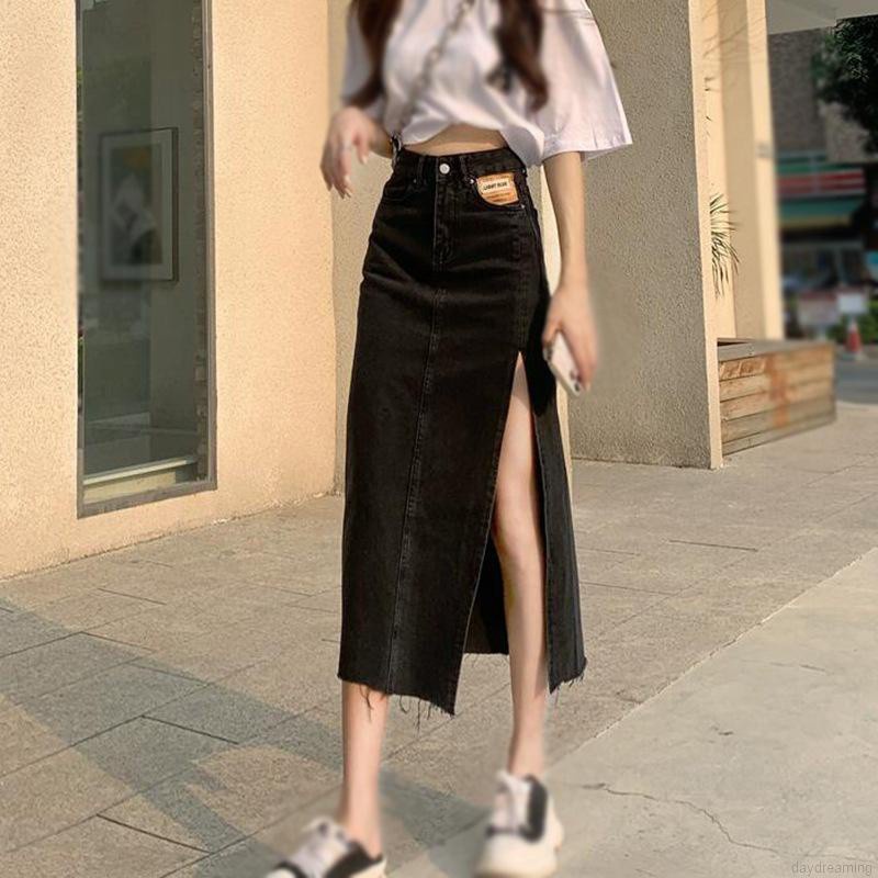 Chân Váy Denim Lưng Cao Xẻ Tà Quyến Rũ Cho Nữ