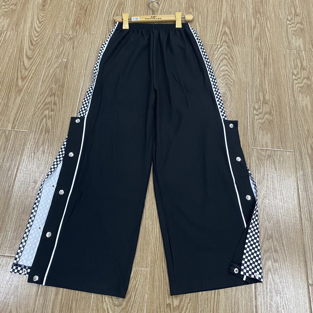 Quần Ống Rộng Cạp Cao Phối Hàng Cúc Bấm Xẻ Tà Phong Cách Ullzang,Quần Suông Sọc Caro Unisex Cotton Cao Cấp