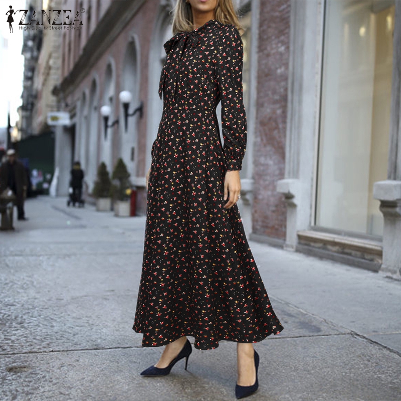 Đầm maxi Zanzea thắt nơ trước phong cách vintage dành cho nữ