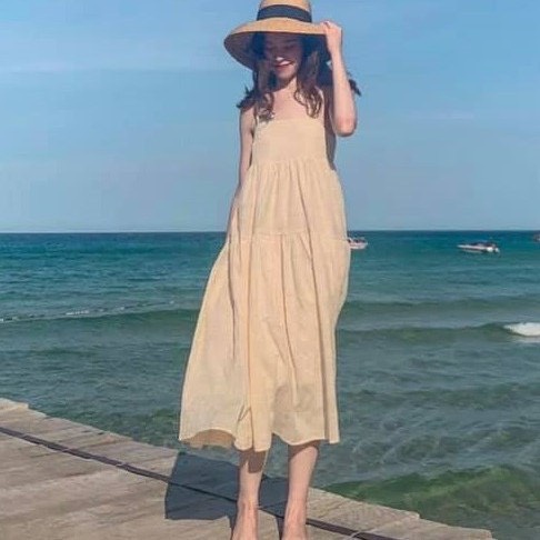 Váy 2 dây - váy maxi babydoll vải đũi trơn mềm dáng rộng màu be
