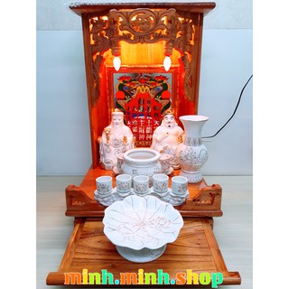 Bộ đồ thờ cúng gốm sứ sen trắng: bàn thờ gỗ xoan (40*60*40cm),.... + khuyến mãi