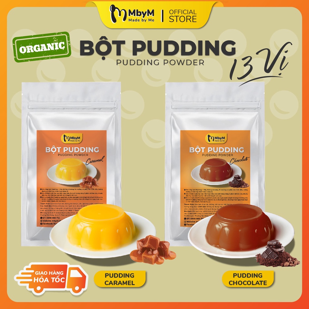 Bột Pudding, Plan, MbyM 50g các vị:Trứng, Caramel, Khoai môn, Matcha, Dâu, Chocolate