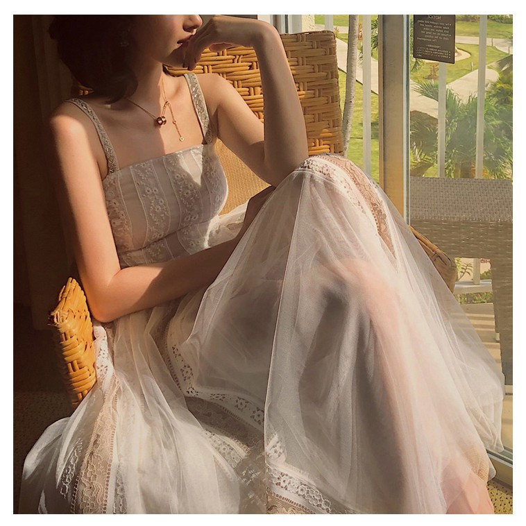 Đầm 2 dây ren maxi nữ tính
