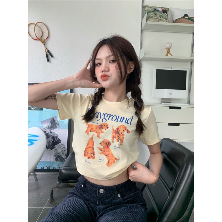 Áo Thun Nữ Tay Ngắn In Hình Chó Dễ Thương