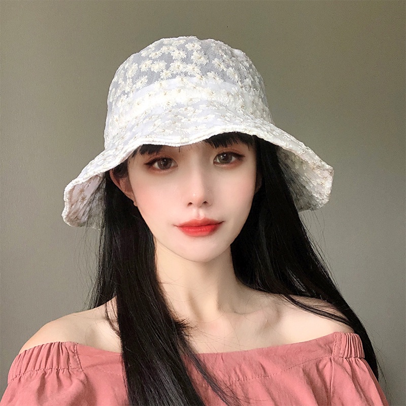 Nón Tai Bèo Phối Ren Mỏng Thêu Hoa Cúc Nhỏ Kiểu Hàn Quốc Thời Trang Mùa Hè Cho Nữ