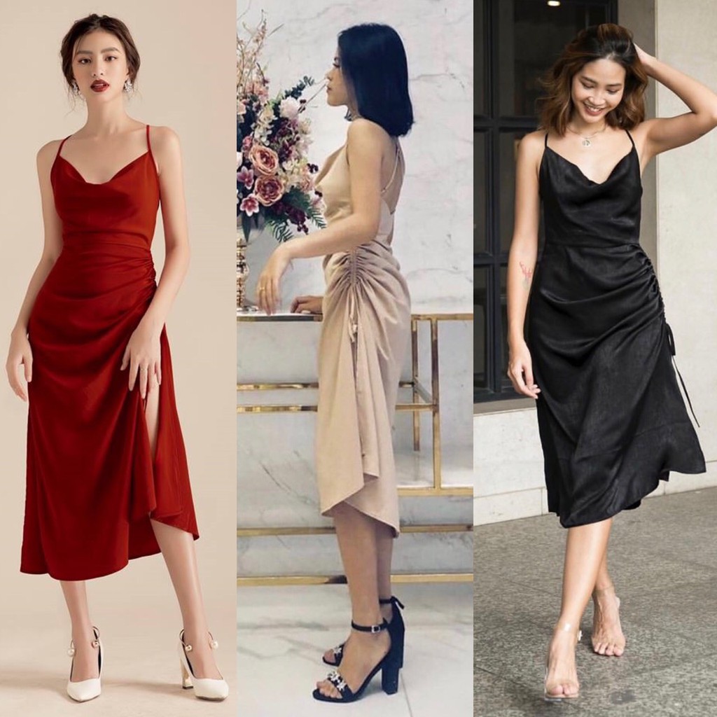 [napubee] ẢNH THẬT - Đầm lụa cổ đổ nhún thân đan dây lưng Flavi dress - Đầm dự tiệc hàng thiết kế
