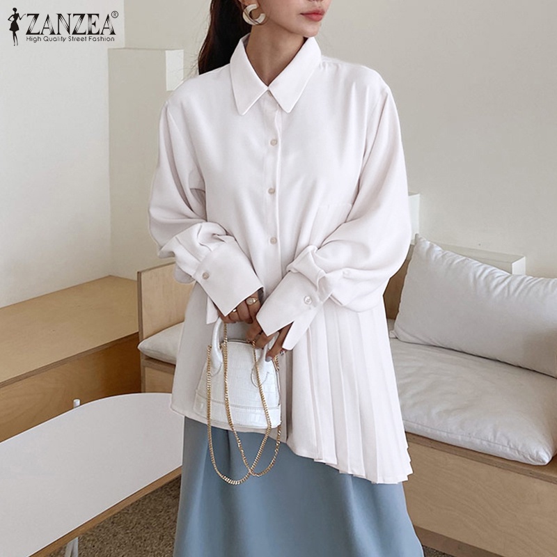 Áo kiểu ZANZEA cổ lật tay dài dáng rộng màu trơn phối xếp ly đơn giản phong cách Hàn Quốc thời trang dành cho nữ