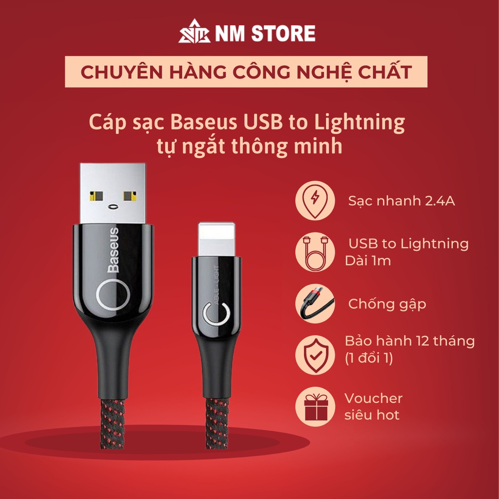 Cáp sạc Baseus USB to Lightning tự ngắt thông minh sạc nhanh 2.4A dành cho iPhone dây bện dù chống đứt dài 1m