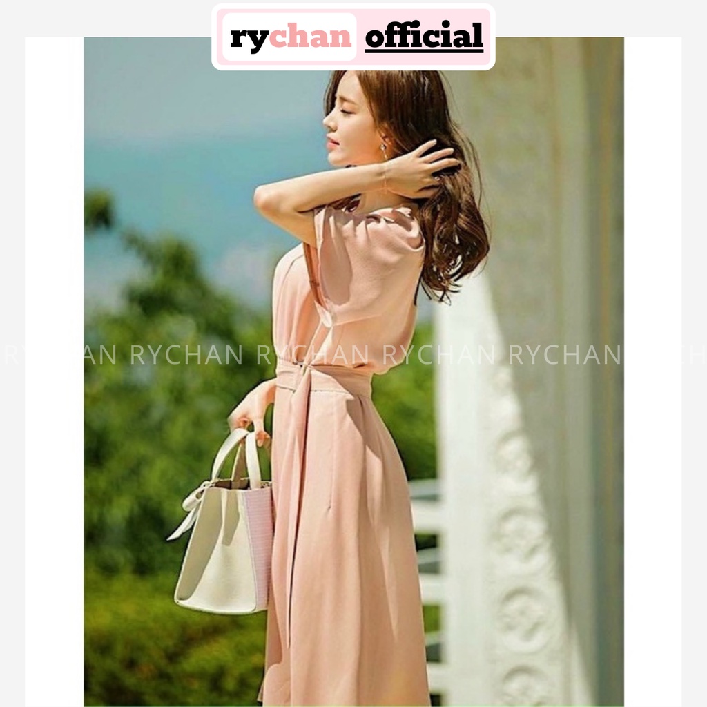 Đầm Váy Nữ Công Sở Cổ Trụ Kèm Belt Tay Ngắn Cổ Tròn Thanh Lịch Màu Kem - DX9768