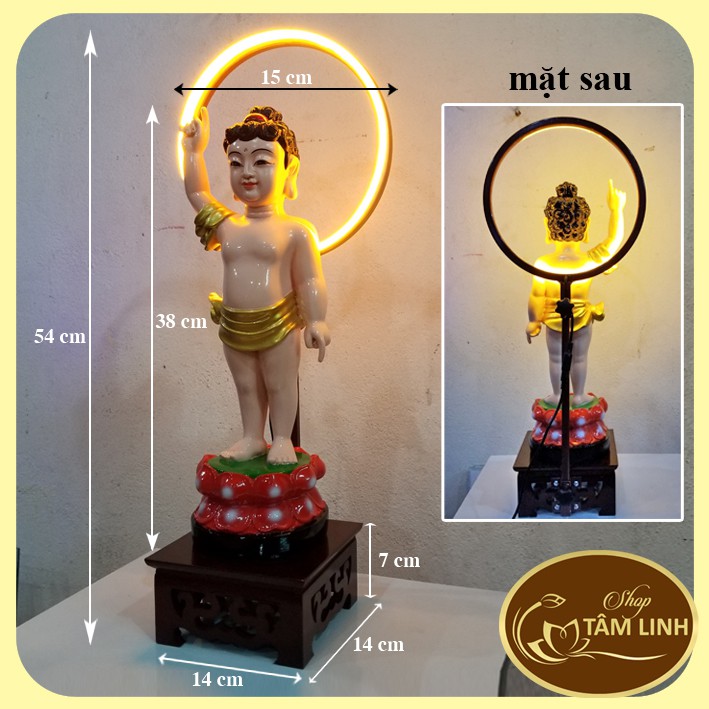 Tượng Đản Sanh cao 38 cm+Hào Quang Led cao 54 cm + Đôn gỗ vuông 14cm Mẫu Kệ Đèn Đẹp GIÁ SIÊU RẺ