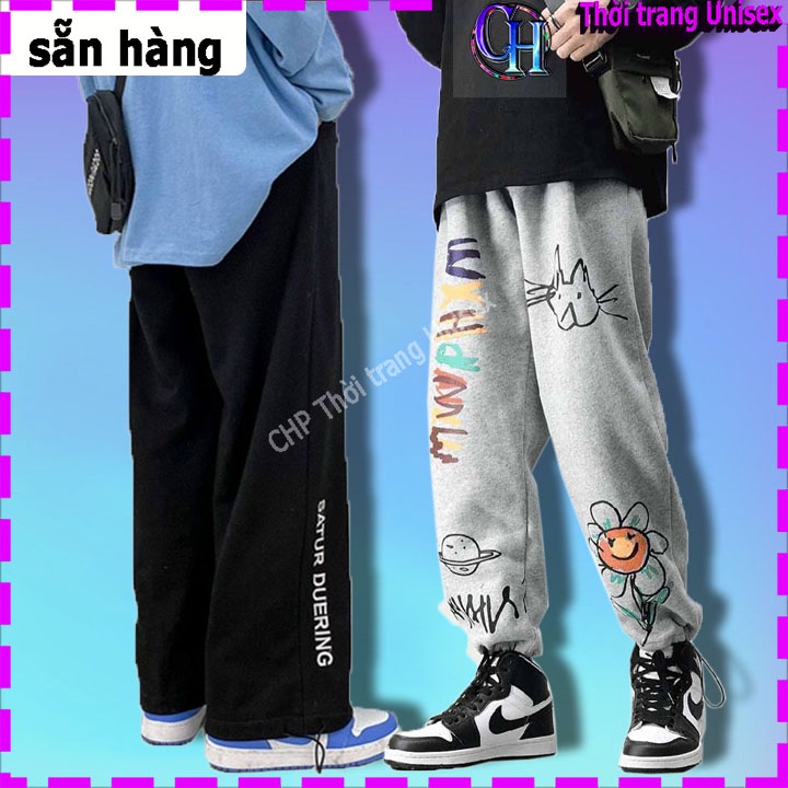 MẪU HÓT  Quần Vải Ống Rộng Nam Nữ Unisex , Quần Jogger Thể Thao Ulzzang , Dây Rút Ở Gấu Quần 2 Màu Đen Trắng Chất Nỉ