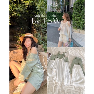 Set áo dài tay hở vai cổ yếm kèm short
