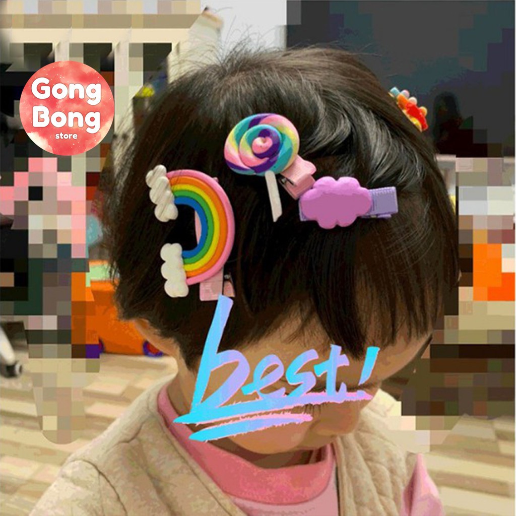 Set 3 kẹp tóc, cặp tóc hình cầu vồng, kẹo mút xinh xắn cho bé