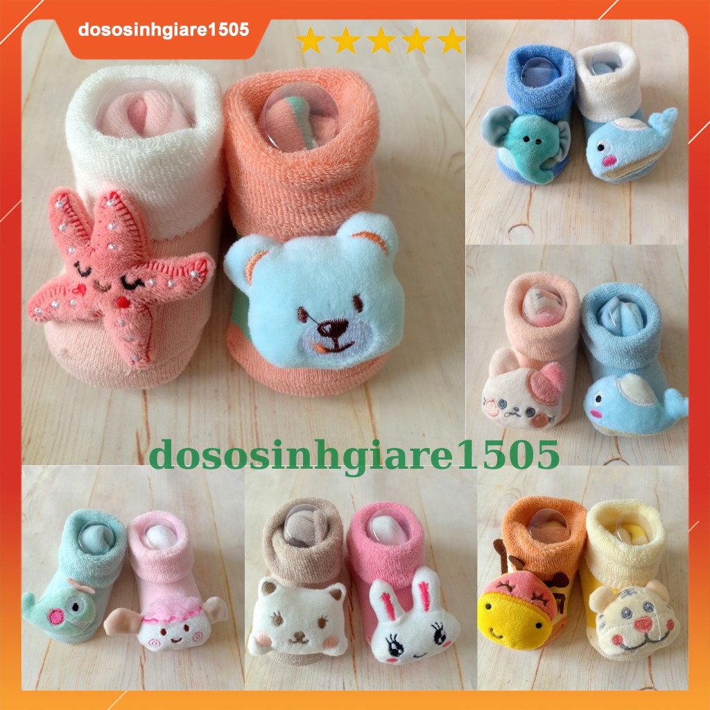 Set 2 đôi vớ đầu thú 3d len xù cho bé yêu 0-9 tháng/ Tất sơ sinh em bé