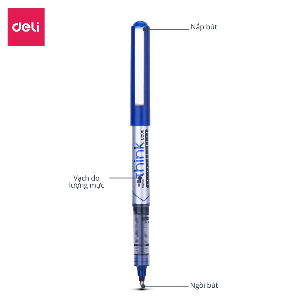 Bút ký mực gel màu xanh ngòi 0.5mm Deli nhanh khô nét viết đều đẹp lâu hết mực thân bút trong suốt kiểm tra lượng mực
