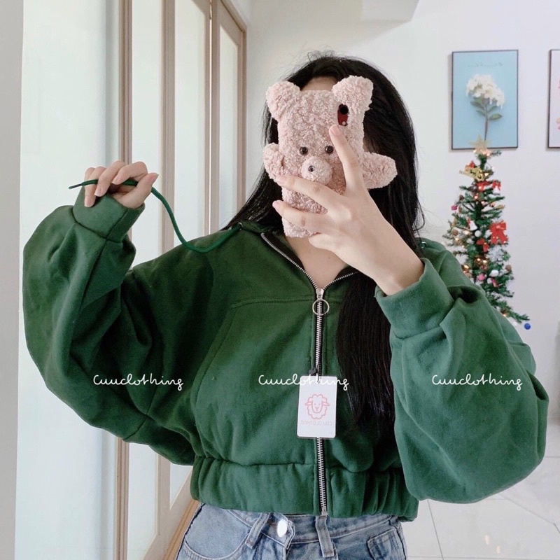 Áo khoác hoodie crotop nỉ tay bí có nón🍃🍃🍃🍃áo khoác nỉ bông khóa giữa, kiểu dáng coptop