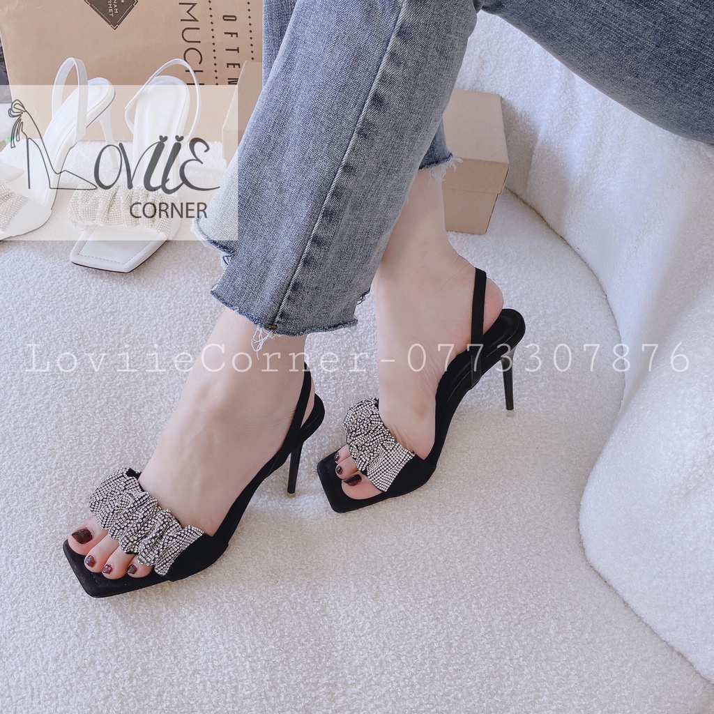 GIÀY THỜI TRANG LOVIIECORNER - GUỐC NỮ MŨI VUÔNG QUAI THUN - GIÀY CAO GÓT NGANG BÈO NHĂN ĐÍNH ĐÁ G220765