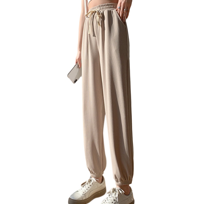 Brroa Quần Jogger Dài Tới Mắt Cá Chân Eo Cao Bằng Lụa Lạnh Có Gân Và Dây Rút Cho Nữ