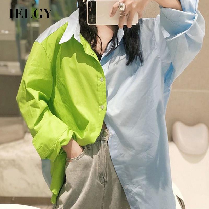 Áo sơ mi IELGY tay dài dáng rộng màu xanh dương + xanh lá tương phản dành cho nữ