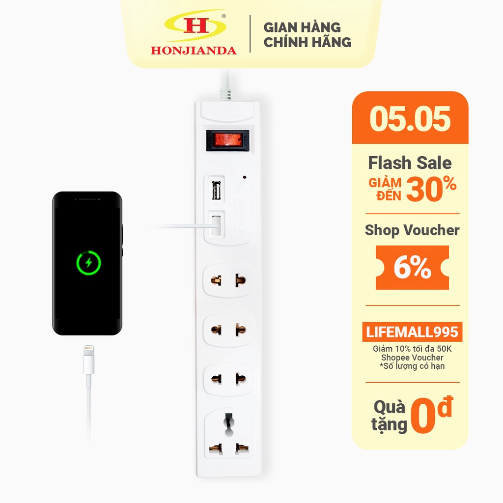 Ổ cắm điện đa năng Có USB Honjianda Mã 01 - công tắc Reset an toàn chống quá tải