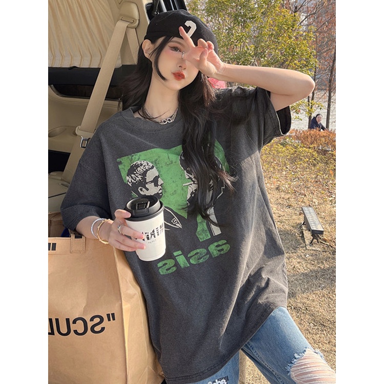 Áo Thun Ngắn Tay Cổ Tròn Dáng Rộng Thời Trang Retro Mỹ Cá Tính Cho Nữ