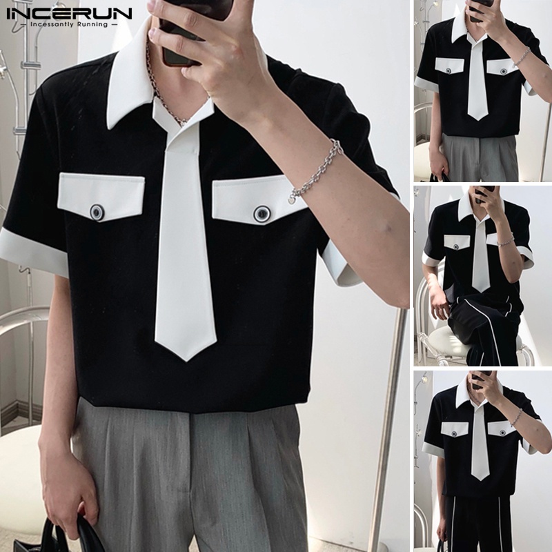 Áo thun INCERUN tay ngắn size S-5XL màu sắc đen và trắng thời trang dành cho nam
