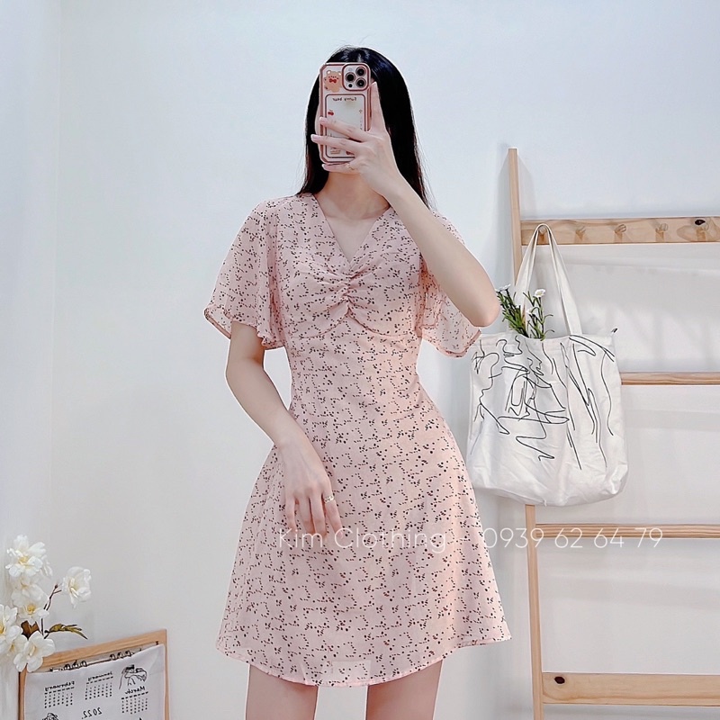 [Hàng sẵn] Đầm voan lụa tay tiên nhíu ngực nơ sau nhẹ nhàng dáng ngắn - hình thật