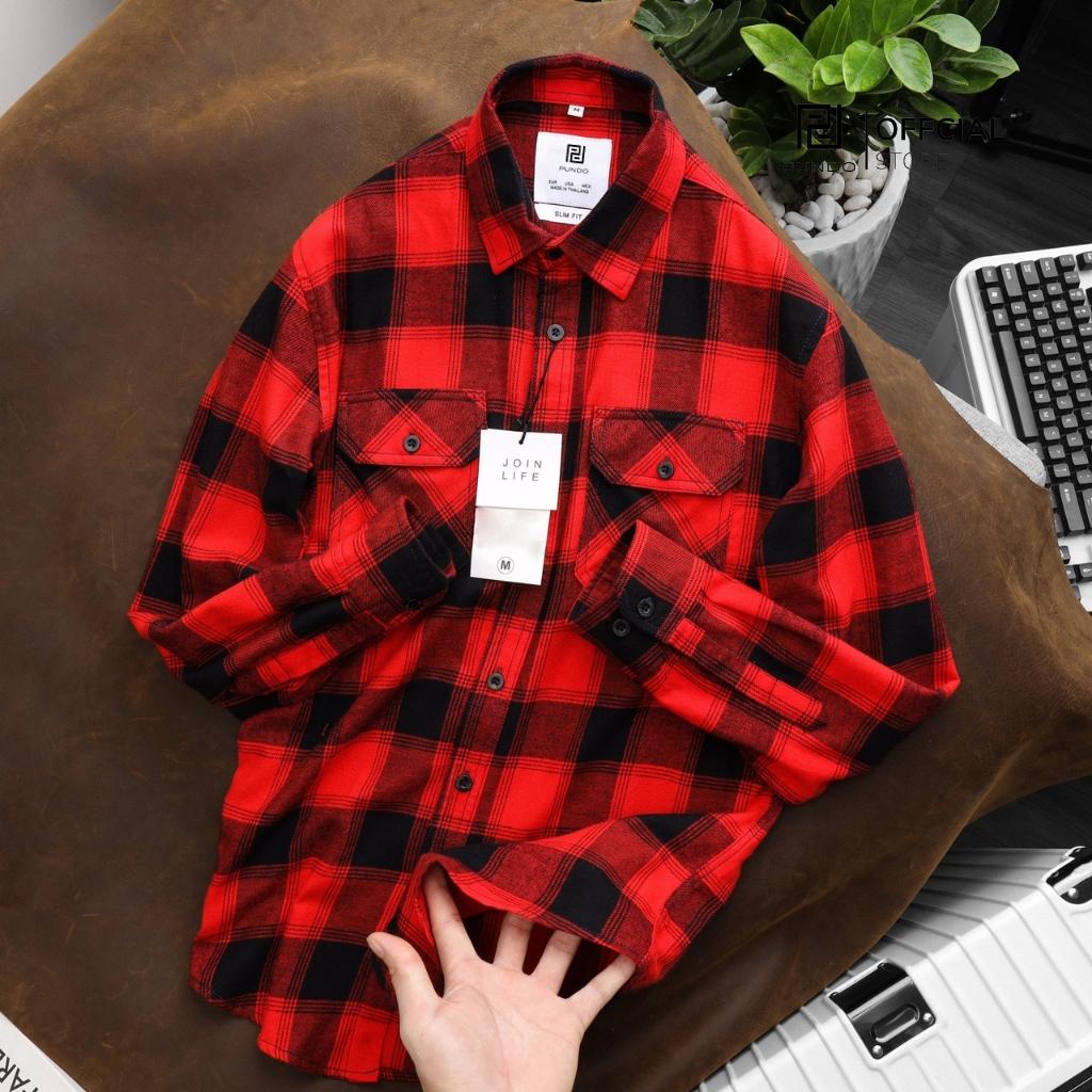 Áo sơ mi nam flannel PUNDO họa tiết kẻ sọc chất cotton dạ cao cấp ASMPD17