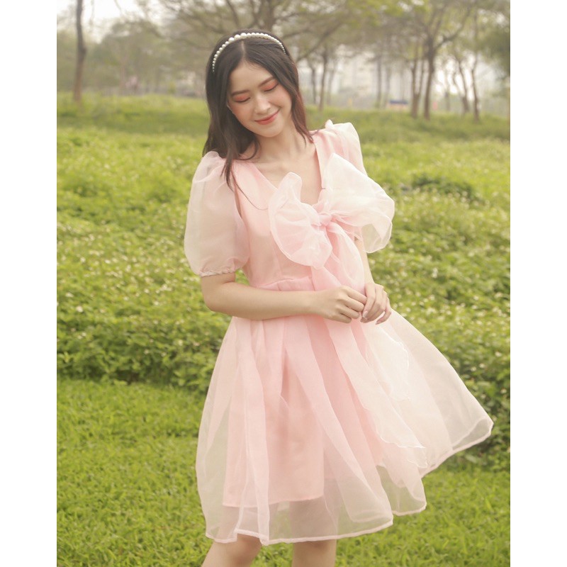 Đầm dự tiệc dạ hội rosemary dress  thiết kế cổ tim nơ to bản tay bồng caocaobycaochen 2 màu trắng hồng có bigsize