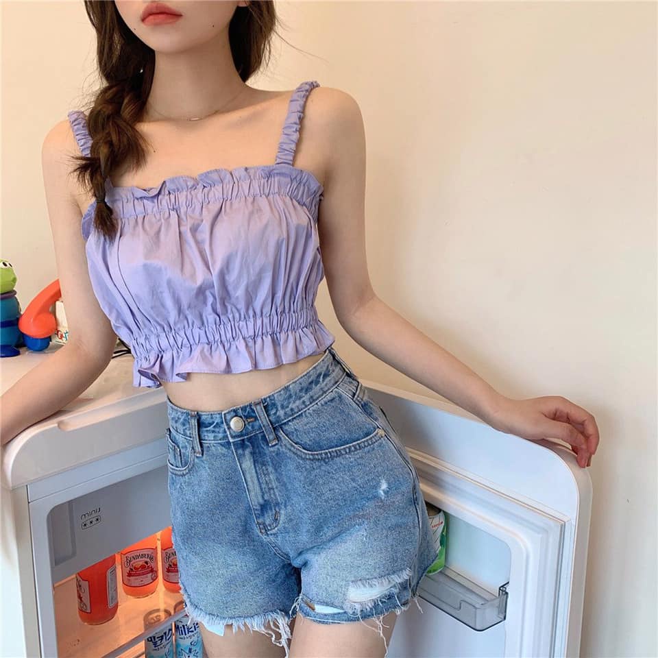 A015 Áo 2 dây nhún ngực viền bèo tiểu thư cute croptop ôm body tím trắng, áo crt ba lỗ hai dây Ulzzang bánh bèo