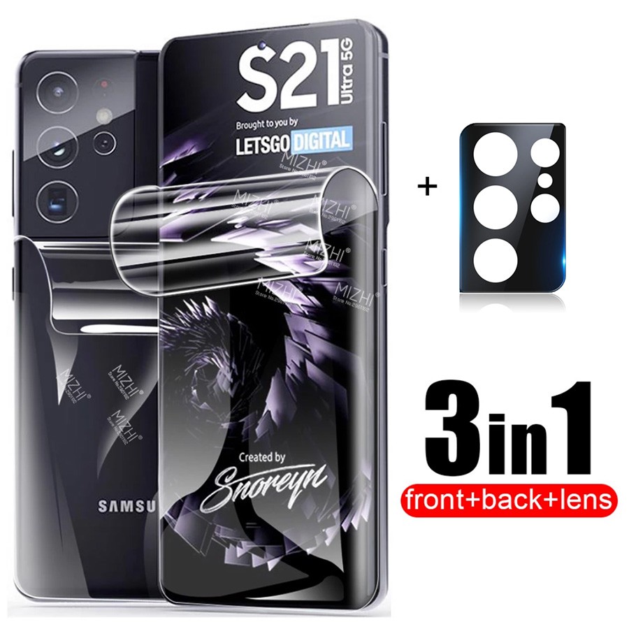 Bộ dán full Samsung S21 Ultra 3in1 gồm cường lực dẻo full 2 mặt và kính camera bảo vệ toàn máy