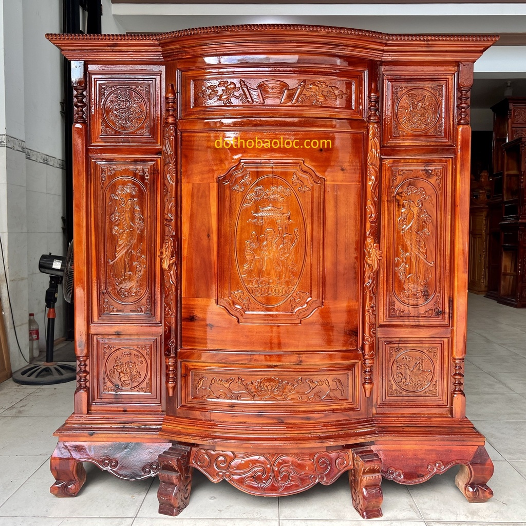 Tủ thờ gia tiên gỗ tràm bông vàng ngang 1m45
