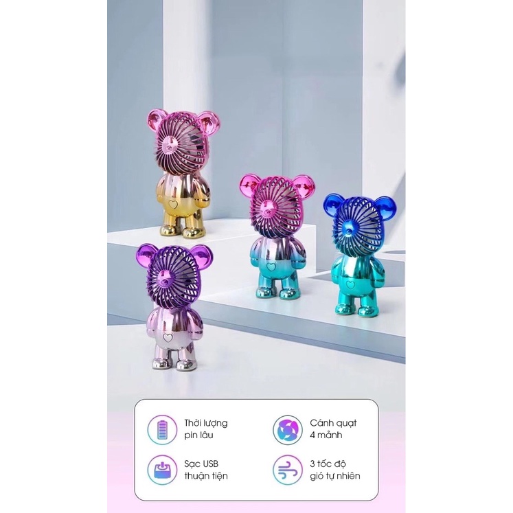 Quạt mini tích điện cầm tay gấu bearbrick, quạt mini bỏ túi HSON cổng sạc USB tiện dụng decor bàn làm việc