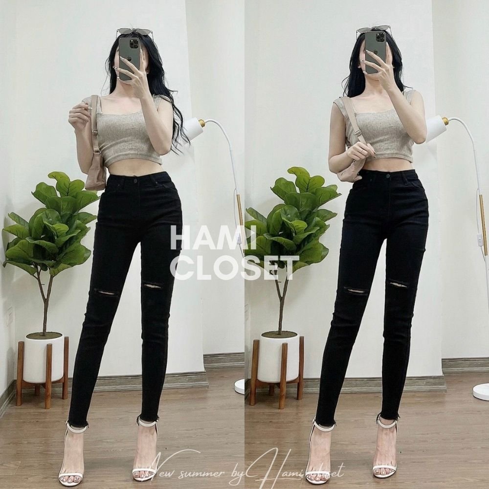 Quần jean đen rách gối cạp cao co dãn ôm dáng skinny hàng quảng châu cao cấp mã 1157