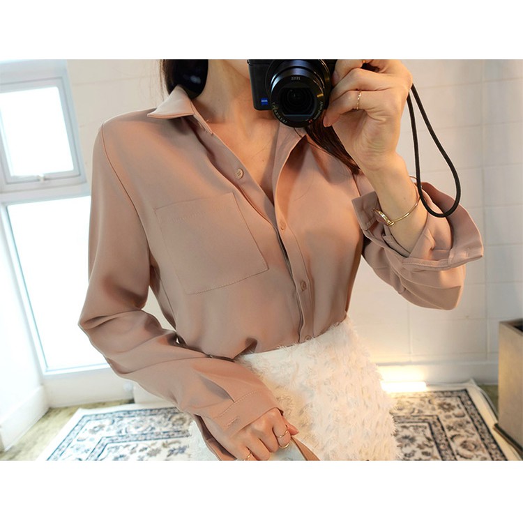 Áo sơ mi SUXI vải voan tay dài phong cách Hàn Quốc thời trang cho nữ