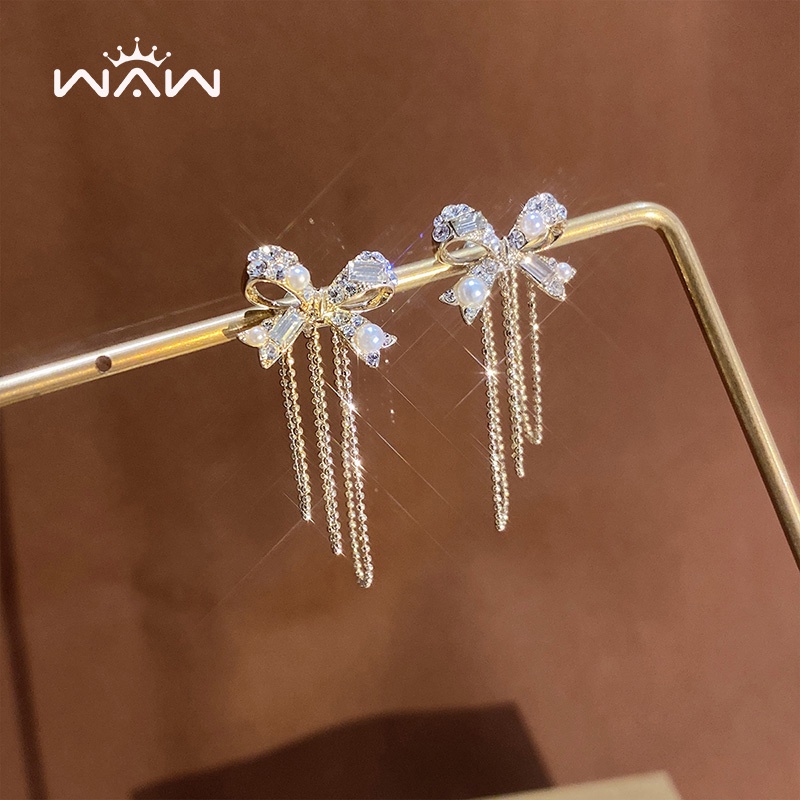 Bông Tai Mạ Bạc 925 Hình Nơ Tua Rua Đính Ngọc Trai Sang Trọng Phong Cách Hàn Quốc 2022