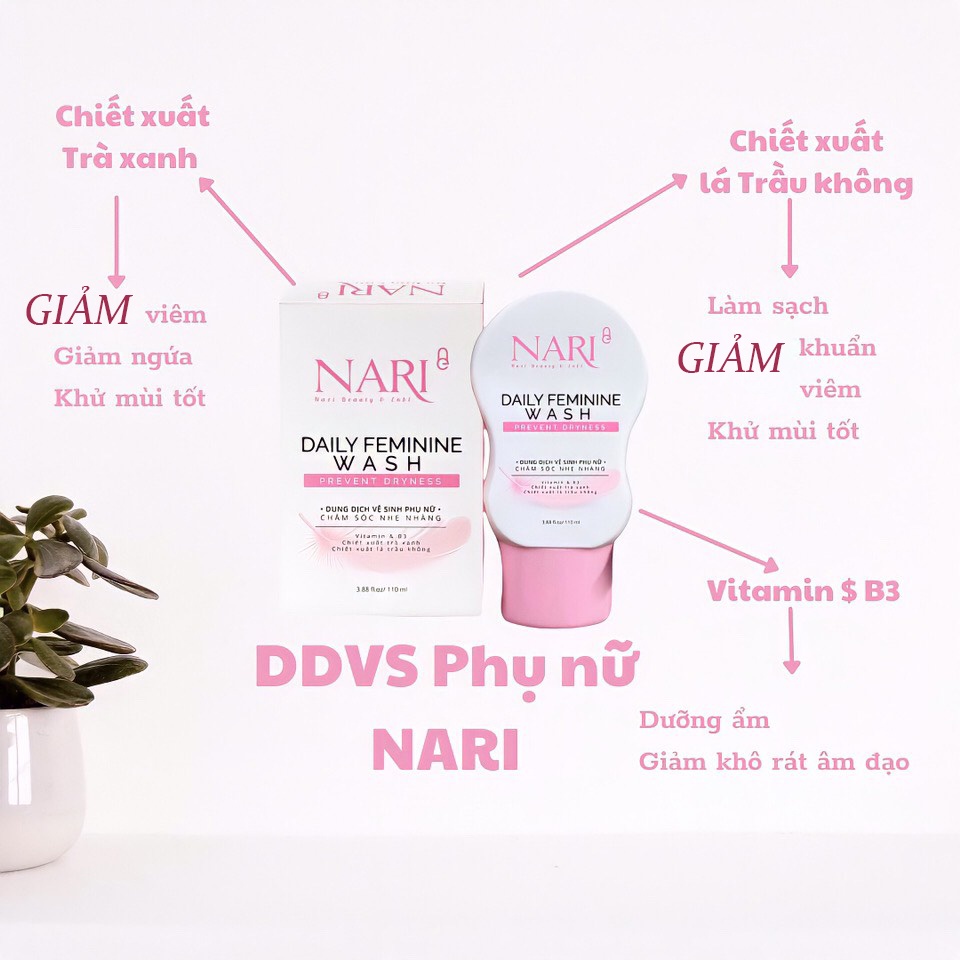 Dung dịch vệ sinh phụ nữ giảm ngứa Nano bạc hà Nari hồng mịn se khít nhẹ nhàng khô thoáng thơm hương cả ngày lọ 110 ml